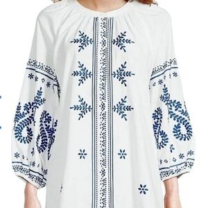 Calessa Embroidered White‎ & Blue Embroidered Kaftan Women's Top Size XL